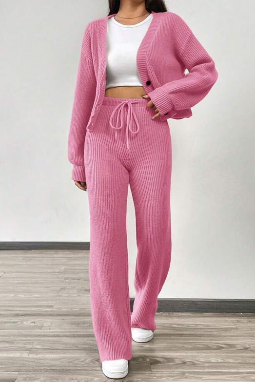 Women's Casual Solid Color Knitted Cardigan Suit