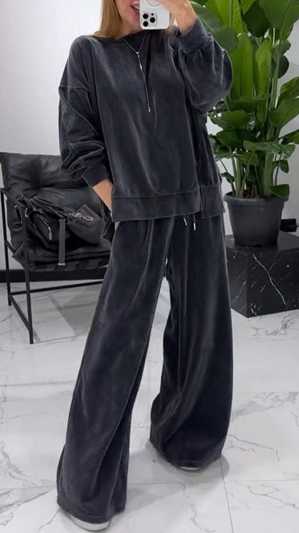 Women's Round Neck Solid Color Sweatshirt and Trousers Two-piece Set