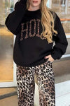 Women's Leopard Print Round Neck Long Sleeve Pullover Sweatshirt Two Piece Set