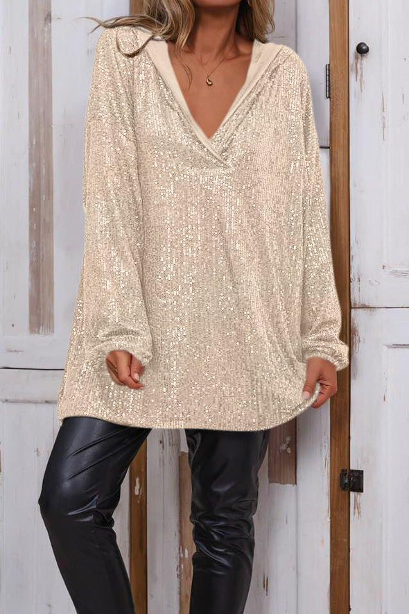 Women's Casual Solid Color V-neck Sequined Hooded Top