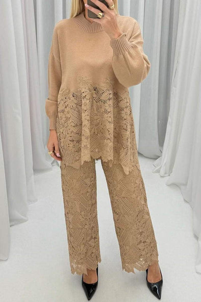 Women's Round Neck Long Sleeve Lace Spliced Sweater Two Piece Set