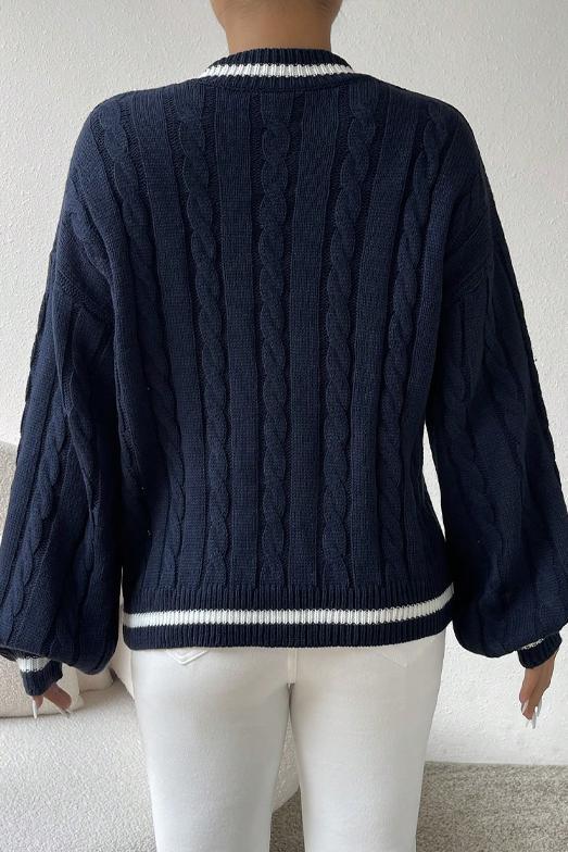 Women's Casual Contrast Textured V-Neck Sweater