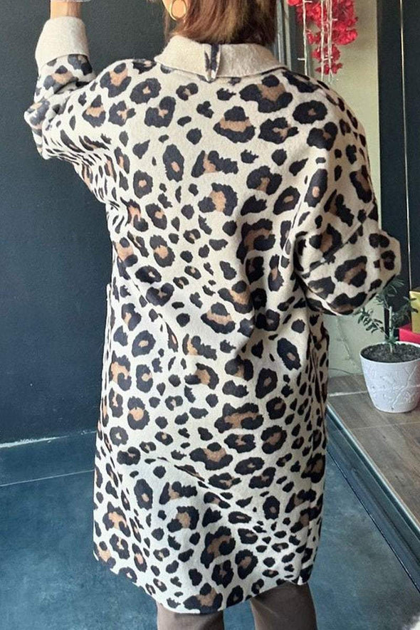 Women's Lapel Leopard Print Casual Long Cardigan