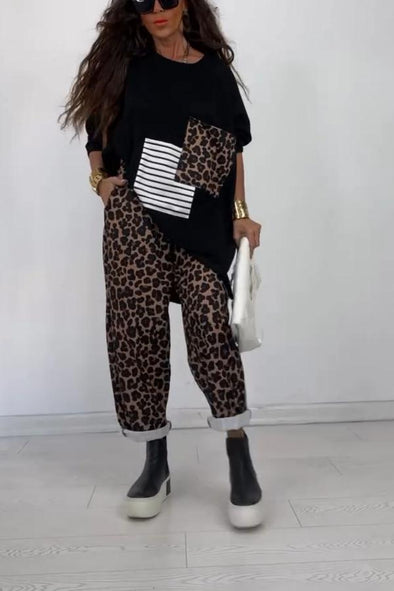 Women's leopard print crew neck casual suit