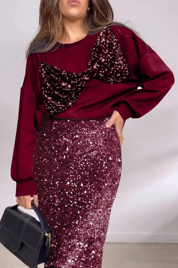 Women's Casual Round Neck Sequin Bow Decorated Sequin Skirt Suit