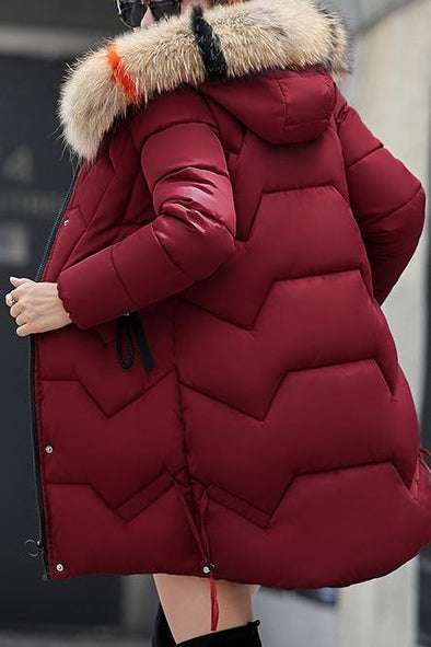 Women's Solid Color Thickened Mid-length Large Fur Collar Slim-fitting Cotton Coat