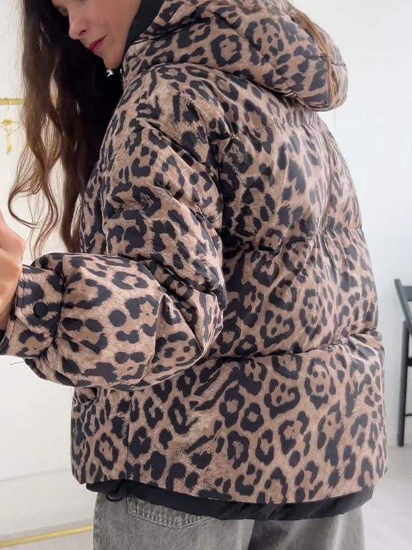 Women's Leopard Print Long Sleeve Hooded Coat