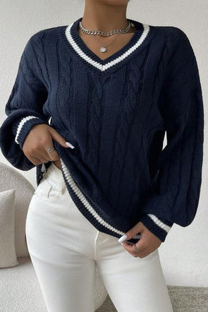 Women's Casual Contrast Textured V-Neck Sweater