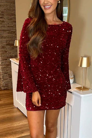 Women's Fashionable Sequin Bell Sleeve Dress