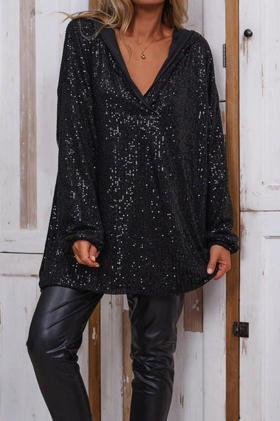 Women's Casual Solid Color V-neck Sequined Hooded Top