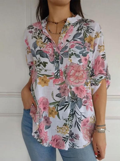 Women's V-neck Mid-sleeve Printed Shirt