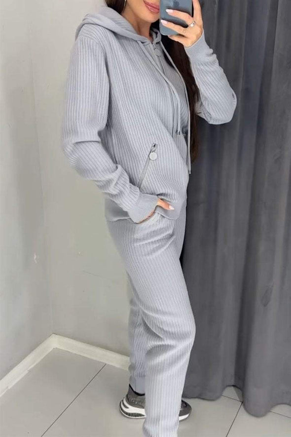 Women's Solid Color Knitted Hoodies and Trousers Set