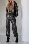 Women's Casual Solid Color Glossy Hooded Suit