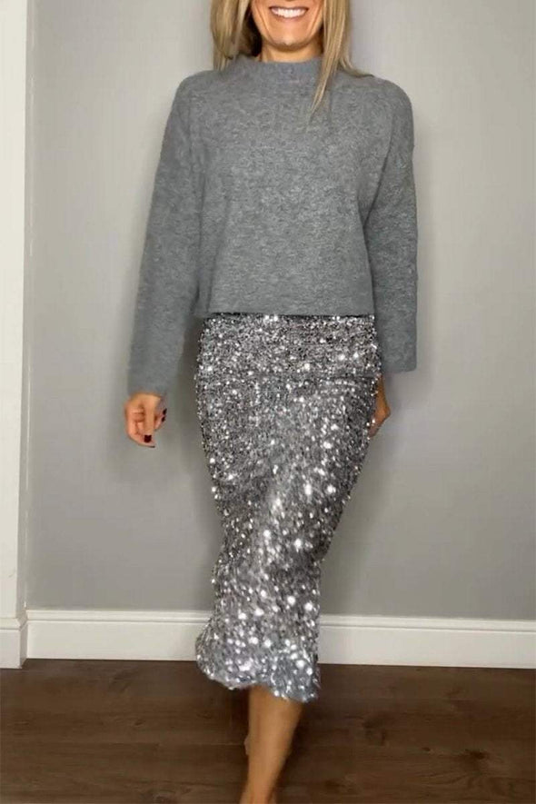 Women's Casual Sweater Top Sequin Skirt Two-Piece Set