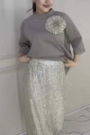 Women's Casual Round Neck Three-dimensional Flower Decorated Sequin Skirt Party Suit