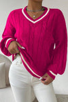 Women's Casual Contrast Textured V-Neck Sweater