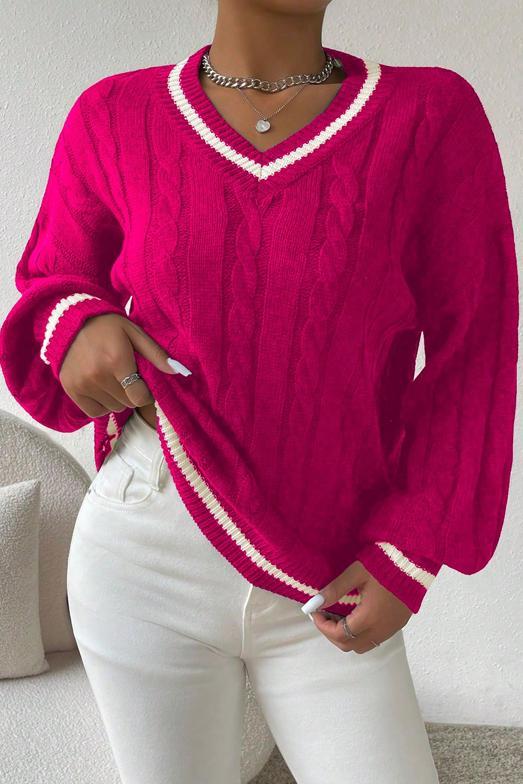 Women's Casual Contrast Textured V-Neck Sweater