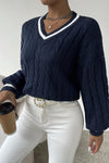 Women's Casual Contrast Textured V-Neck Sweater