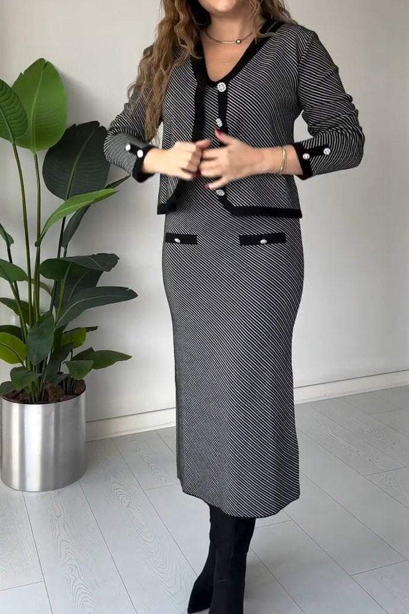 Ladies Casual Elegant Striped Contrast Dress Set