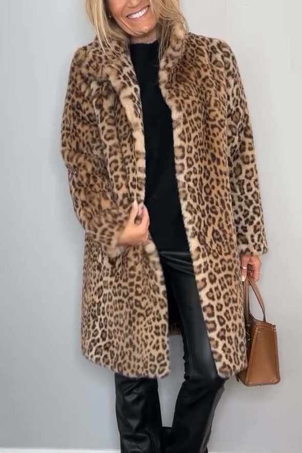 Women's Fashionable Leopard Lapel Faux Fur Winter Mid-Length Coat