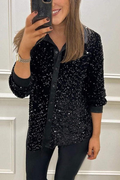 Women's Lapel Single Row Sparkly Party Shirt