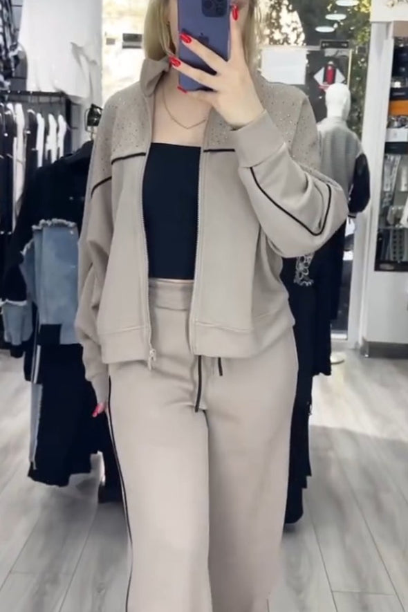 Women's Casual Cardigan With Contrasting Color Sweatpants Suit