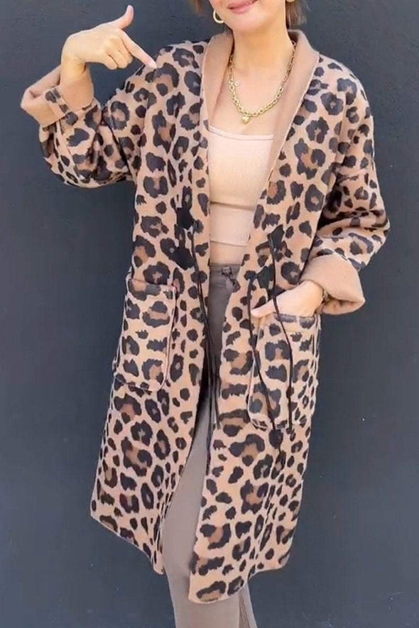 Women's Lapel Leopard Print Casual Long Cardigan