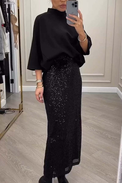 Women's Casual Solid Color Top and Sequined Skirt Set