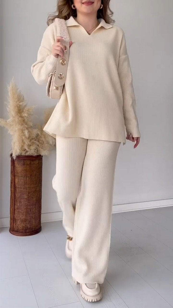 Women's Lapel Long Sleeve Sweater Two Piece Set