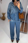 Women's Lapel Long Sleeve Denim Two Piece Set