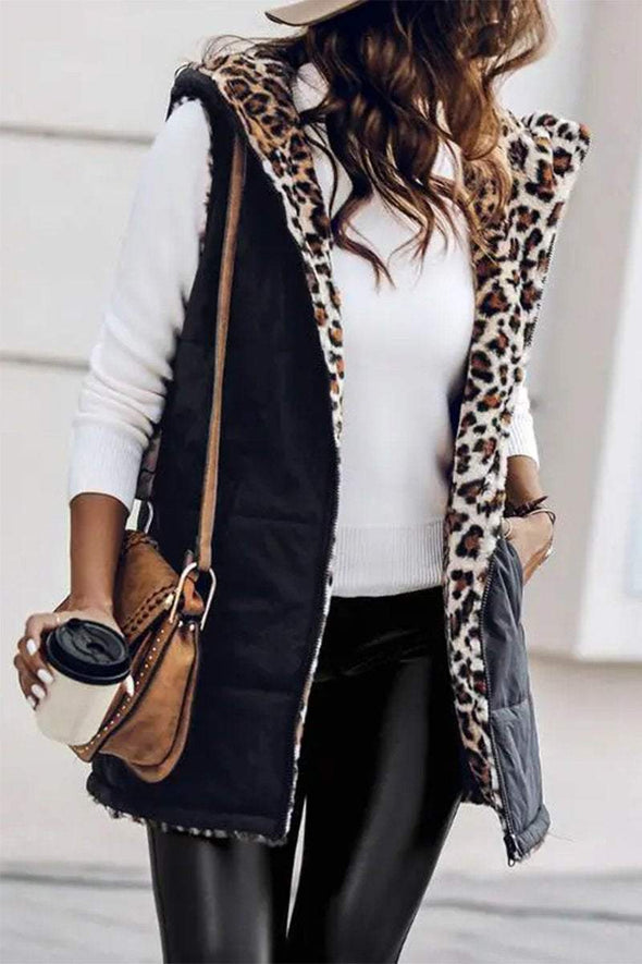 Women's Casual Hooded Leopard Print Sleeveless Cotton Jacket