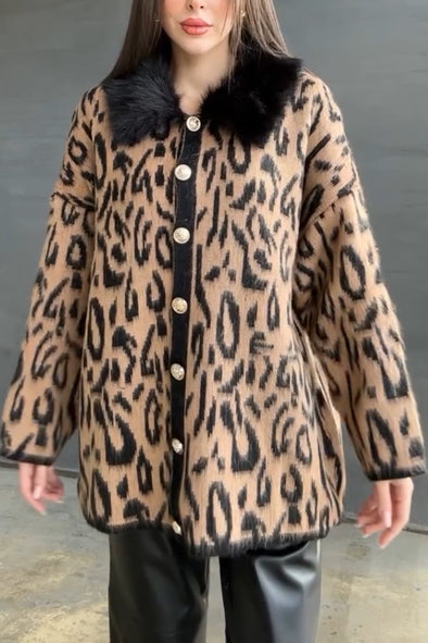 Women's Leopard Print Fleece Collar Knit Jacket