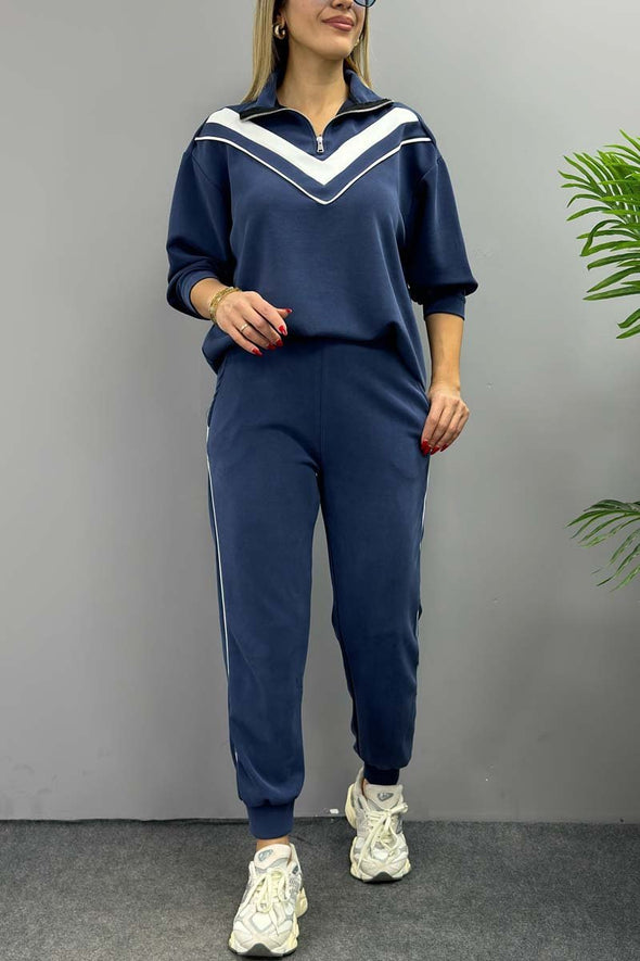 Women's Casual Contrast Color Stand Collar Half-Zip Sports Suit