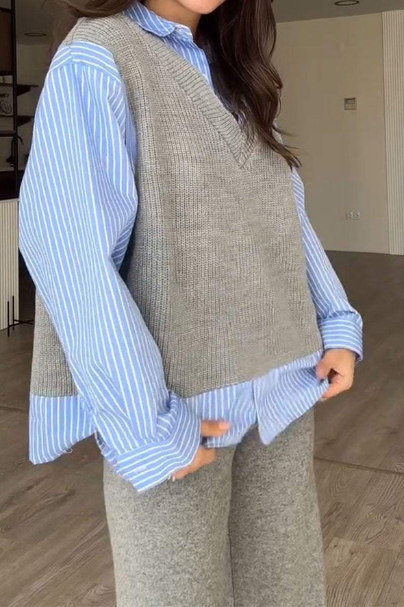 Women's Long Sleeve Patchwork Sweater Two Piece Set