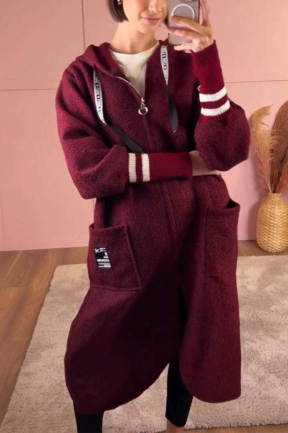 Women's Casual Hooded Zip-up Woolen Coat