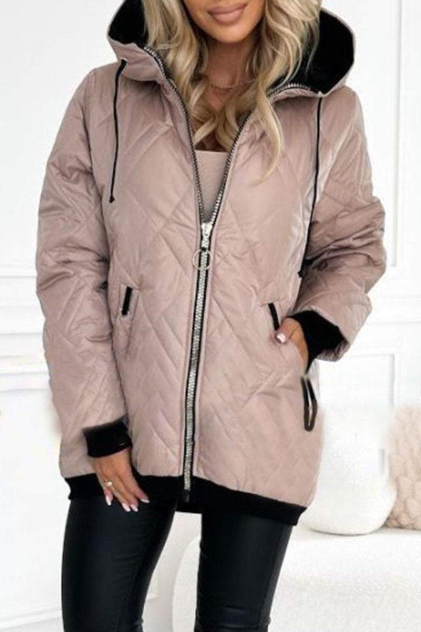 Women's Hooded Zipper Side Button Design Casual Coat