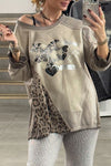 Women's Fashion Leopard Print Silver Silk Fabric Splicing Heart Pattern Round Neck Top