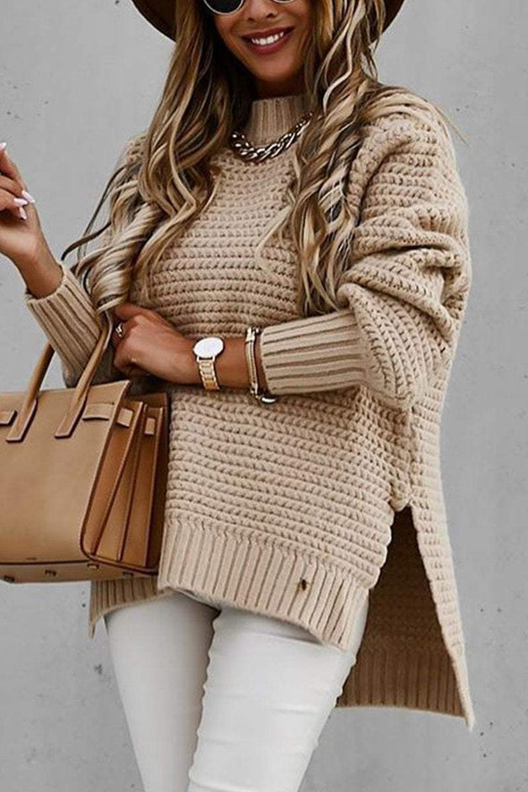 Women's Half-high Collar Solid Color Side-slit Knitted Sweater