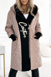 Women's Hooded Zippered Letter Print Long Coat