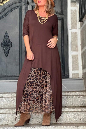 Women's Round Neck Mid-sleeve Long Top + Leopard Print Skirt Set