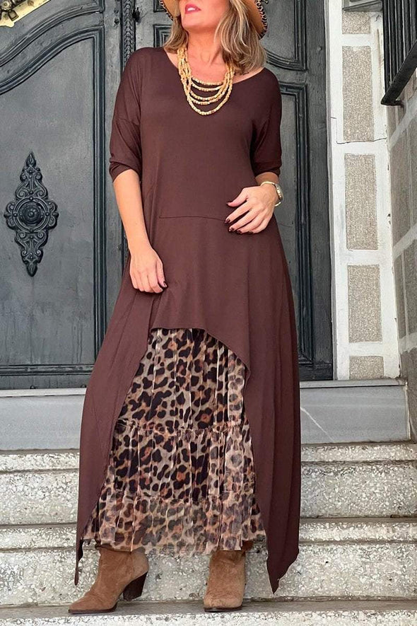 Women's Round Neck Mid-sleeve Long Top + Leopard Print Skirt Set