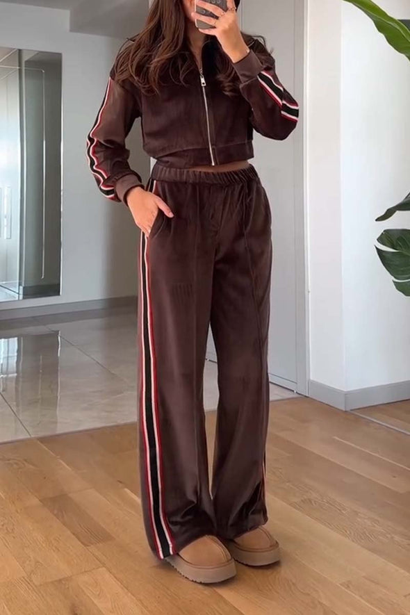 Women's casual sports side webbing spliced velvet suit