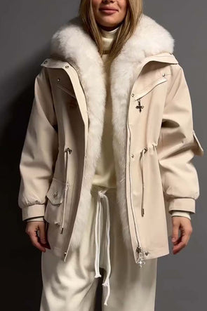 Women's Casual Solid Color Waist Drawstring Large Fur Collar Jacket