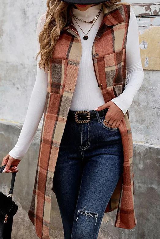 Women's Casual Plaid Regular Loose Vest Jacket