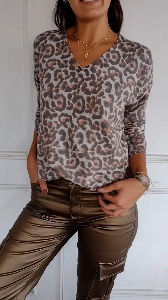 V-neck Long-sleeved Leopard Print Casual Top