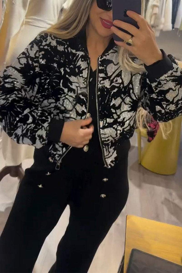 Women's Casual Round Neck Sequined Printed Jacket