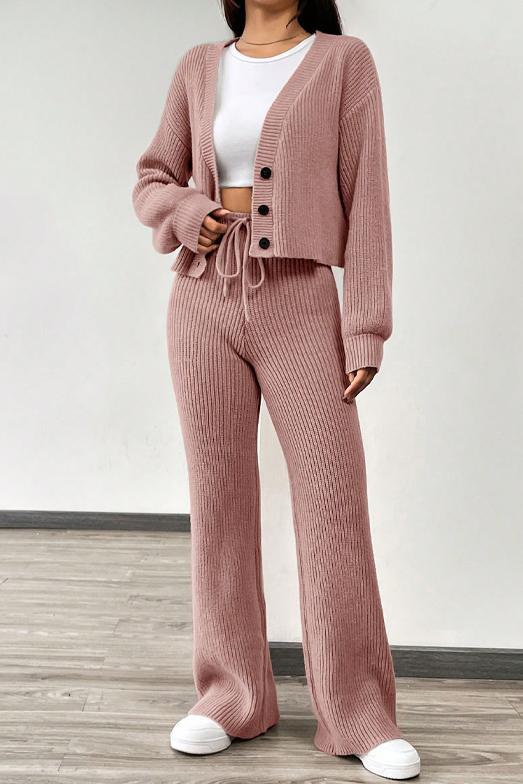 Women's Casual Solid Color Knitted Cardigan Suit