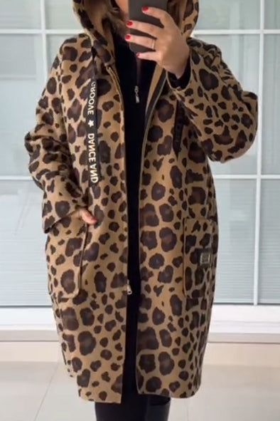 Women's fashionable leopard print hooded overcoats