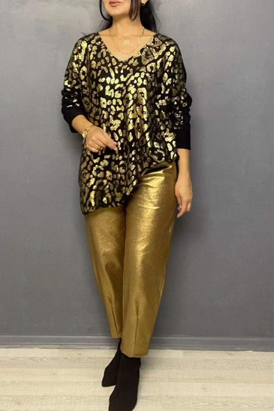 Women's V-neck Long-sleeved Sequin Two-piece Set