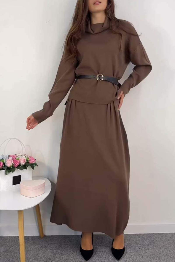 Women's casual solid color turtleneck top and skirt suit